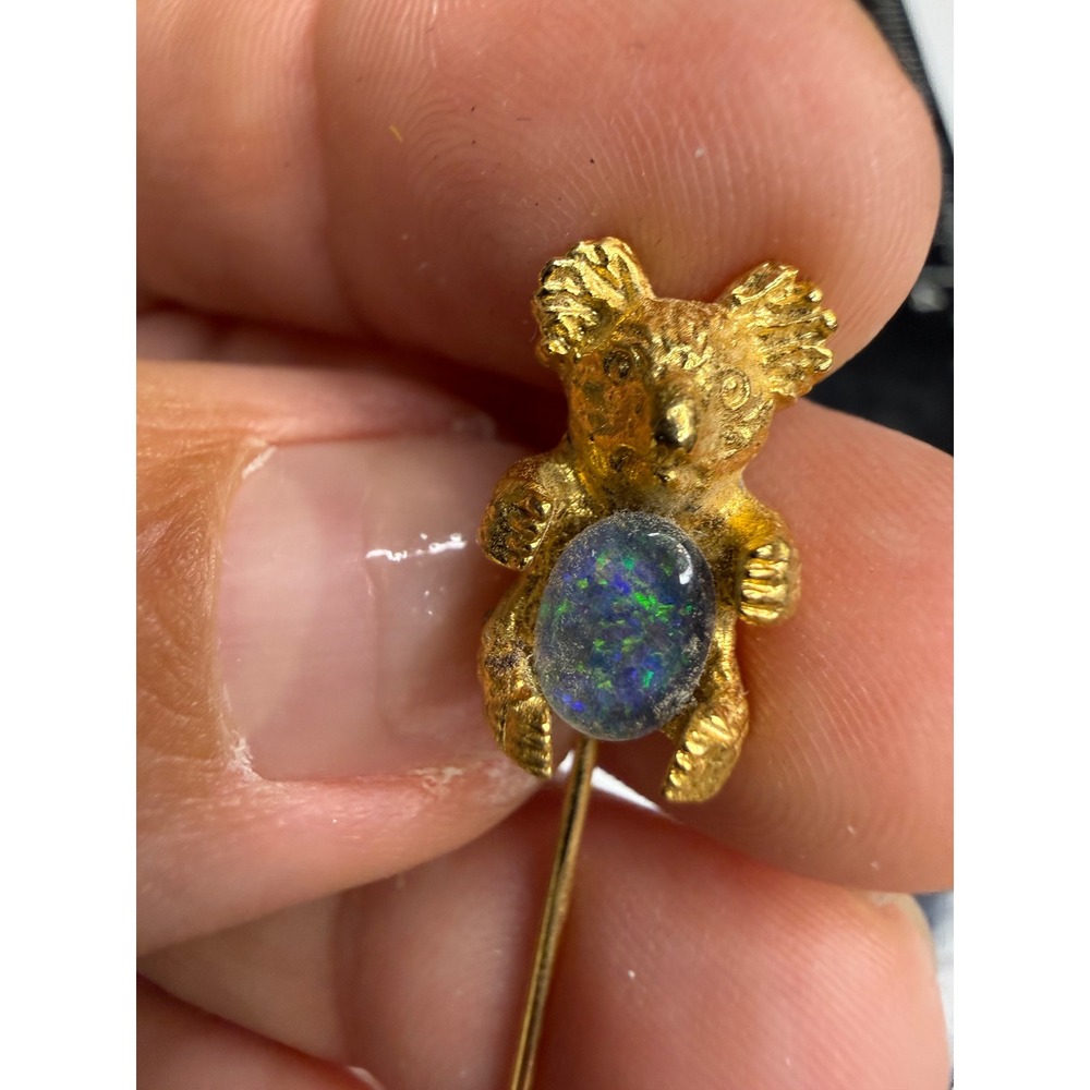 Vintage Koala Stick Pin Gold Tone Black Opal Cabochon Australian Animal Jewelry